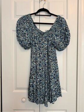 wild fable Blue and White Floral Puff-Sleeve Mini Dress